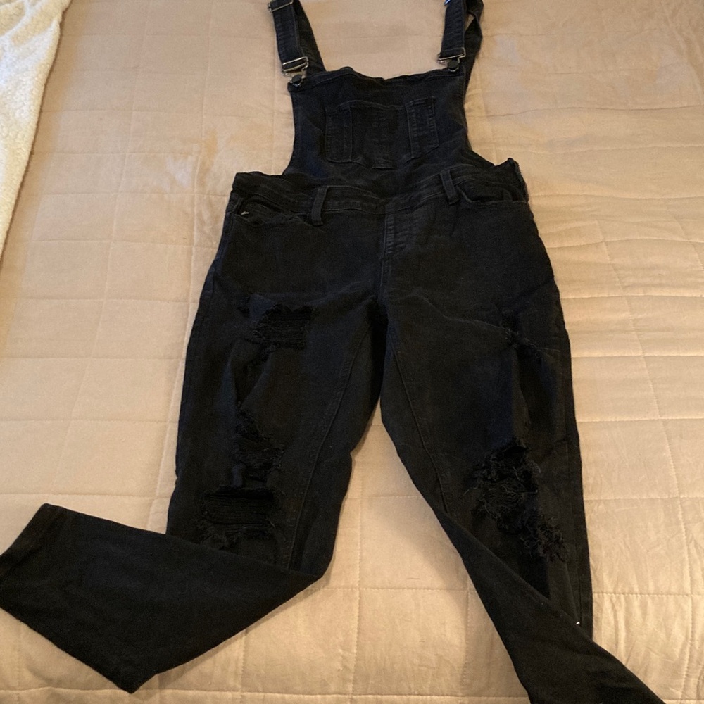 KanCan Black Denim Overalls with Distressed Accents